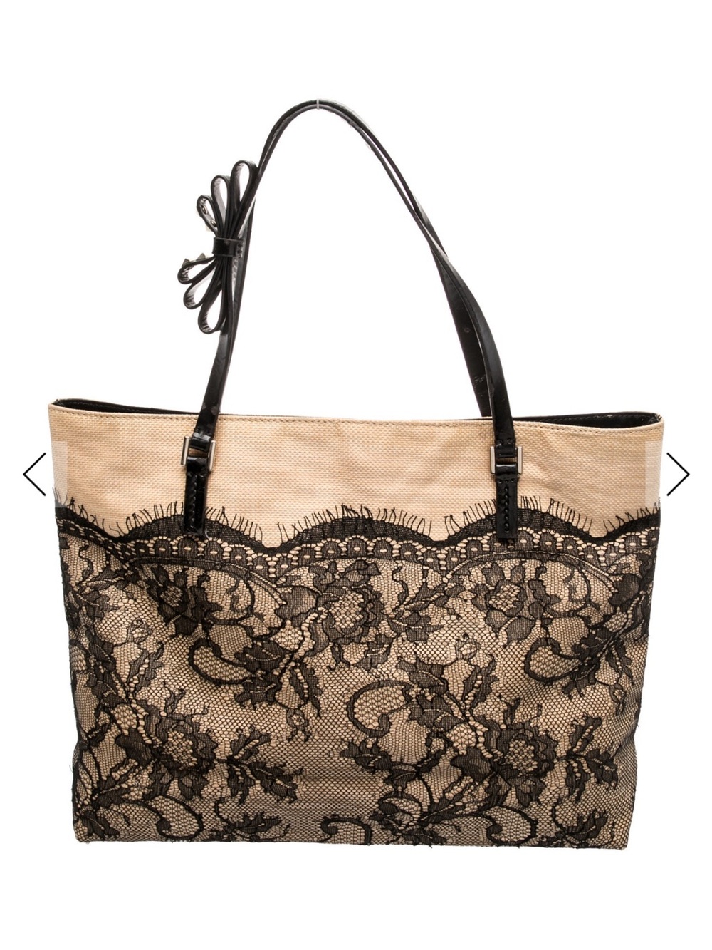 Beige and Black Lace Tote Bag with Black Handles